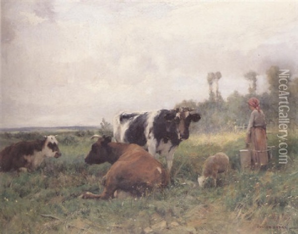 A Milkmaid With Cattle In A Landscape Oil Painting - Julien Dupre