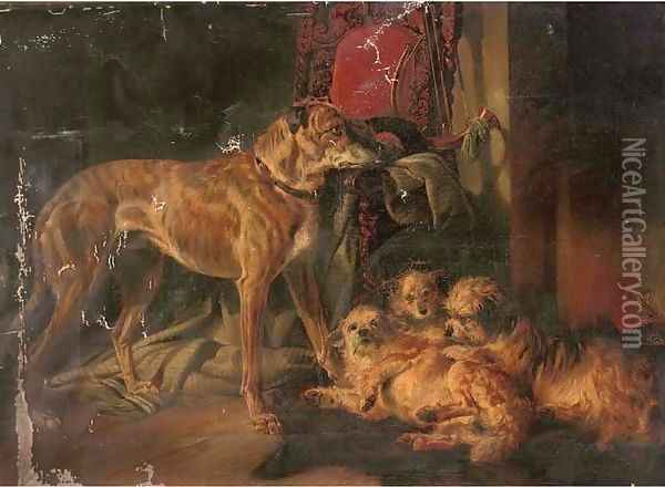A Scottish deerhound and three dandy dinmonts by an open fire Oil Painting - Richard Ansdell