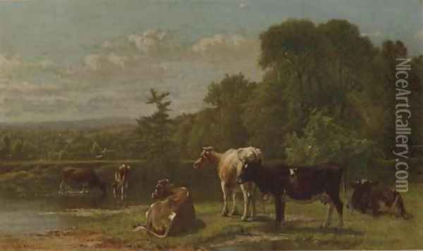 Cows at the River's Edge Oil Painting - Aaron Draper Shattuck