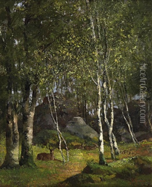 Rastende Rehe In Einer Waldlichtung (collab. W/workshop) Oil Painting - Gustave Courbet