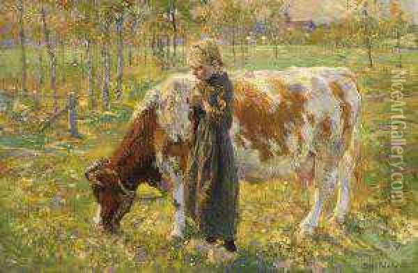 Acowherdess In A Meadow Near Zalk Oil Painting - Paul, Paulus Philip. Rink