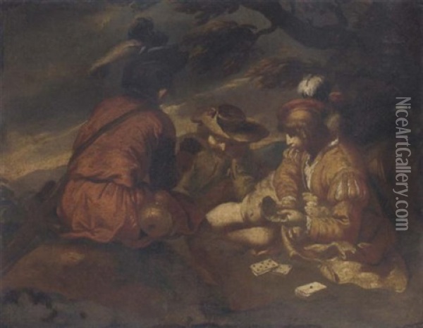 Youths Playing Cards In A Landscape Oil Painting - Bernhard Keil