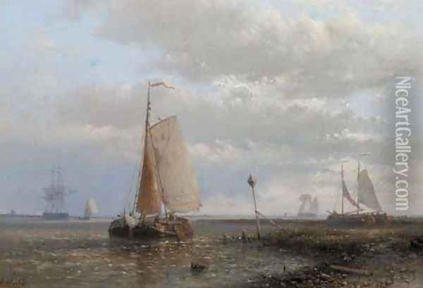 Sailingbarges in an estuary Oil Painting - Abraham Hulk Jun.