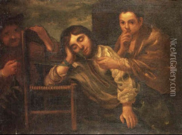 Two Boys Playing A Practical Joke On A Third Boy Oil Painting - Bernhard Keil