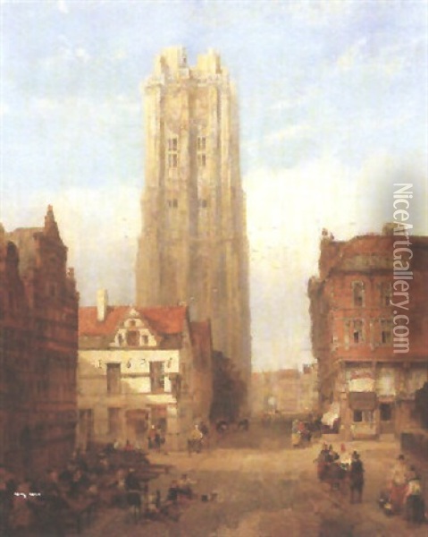 Malines - Looking Towards St. Rombaut's Cathedral Oil Painting - David Roberts