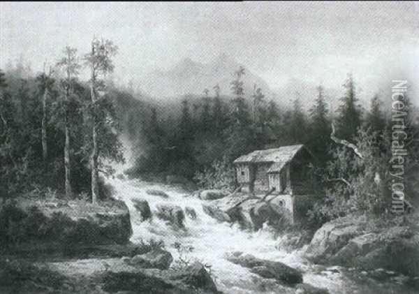 Mill Beside A Mountain Torrent Oil Painting - Coelestin Bruegner