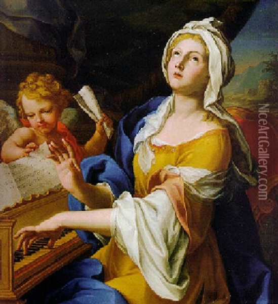 Saint Cecilia Playing Music Accompanied By An Angel Oil Painting - Sebastiano Conca