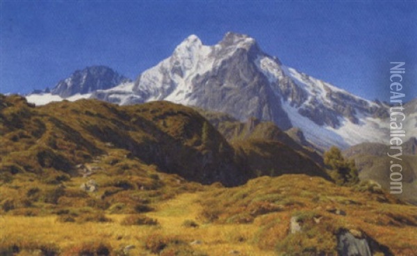 Alpelandskab Med Sneklaedte Bjerge Under Bla Himmel Oil Painting - Henrik Gamst Jespersen