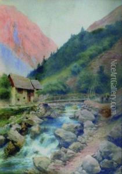Muletier Dans Un Paysage Alpin. Oil Painting - Pierre Comba