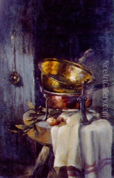 Cuivres Et Aulx Dans Une Cuisine Oil Painting - Maurice Louis Monnot