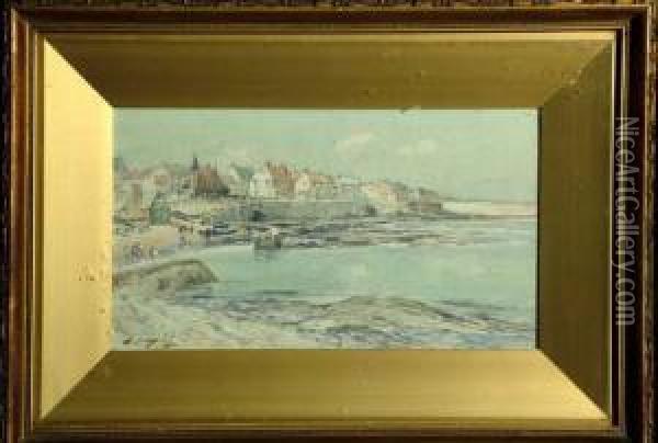 8in. X 14 1/4in. Cullercoats Bay Signed. See Illustration Oil Painting - Thomas Swift Hutton