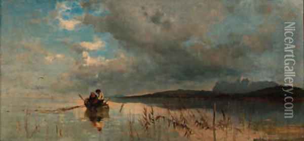 Two boys fishing in a lake landscape Oil Painting - Robert Schleich