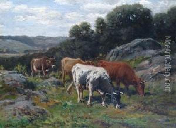Cattle Grazing In A Rocky Landscape 'g.a.hays 1900' (lower Left) Oil Painting - George Arthur Hays