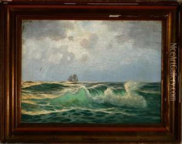 Breakers Along The Coast With A Sailing Ship In The Horizon Oil Painting - Alfred Theodor Olsen