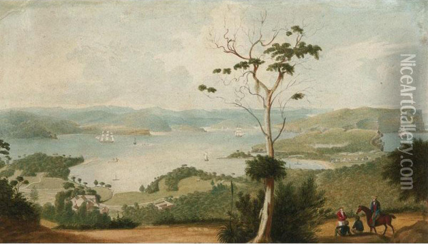 View Of The Entrance To Jackson's Bay, The North And South Heads From Above Vaucluse, The Property Of Mr. W. Wentworth. M. L. C. Oil Painting - Jacob Janssen