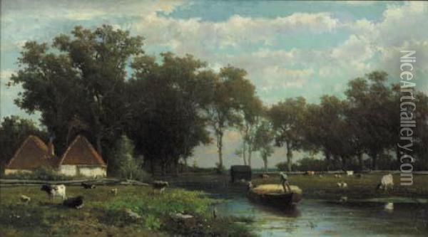 A Haybarge In A Wooded Summer Landscape Oil Painting - Jan Hendrik Weissenbruch