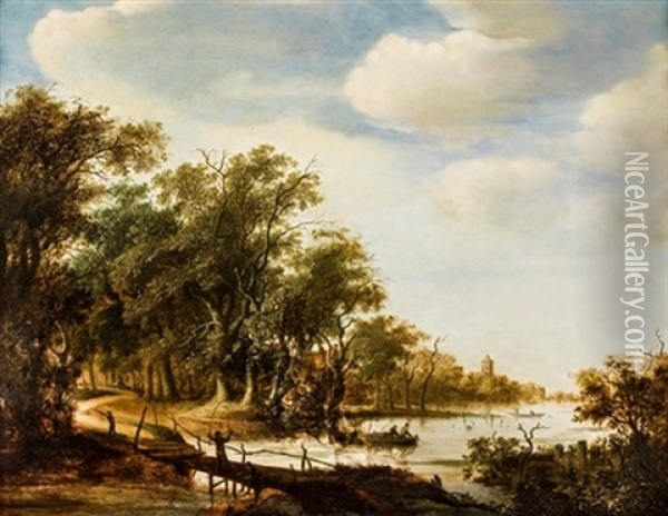 Paisaje Con Lago Y Pescadores Oil Painting - Salomon van Ruysdael