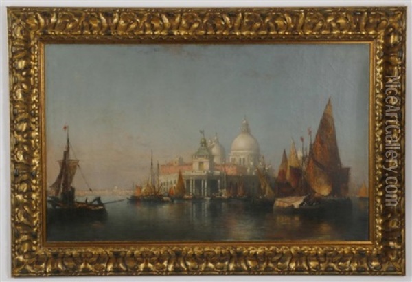 Morning In Venice--dogana (custom House) And Church Of The Santa Maria Della Salute Oil Painting - Thaddeus Defrees