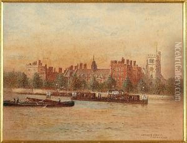 Four Views From The Thames: 
Lambeth Palace; Westminster Abbey; Tower Bridge; Lime House, Four Oil Painting - Frederick E.J. Goff