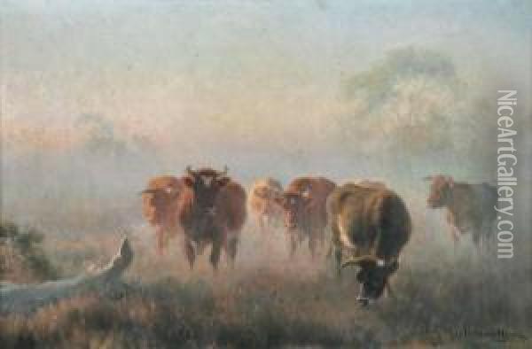Cows In Misty Landscape Oil Painting - Jan Hendrik Scheltema