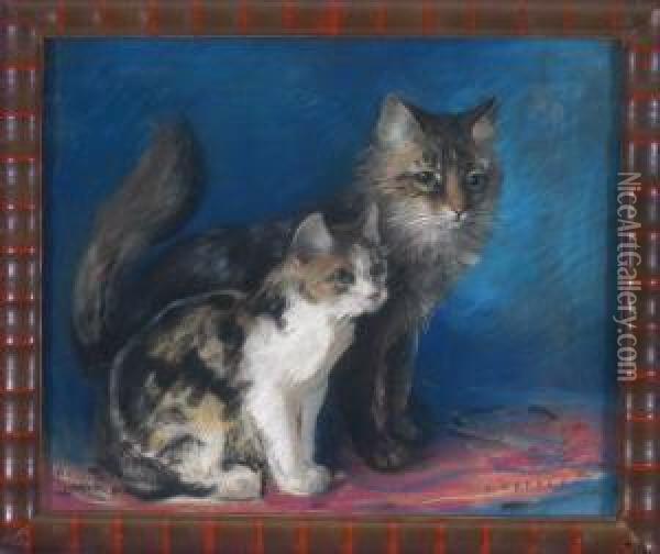 Katze Und Katzchen Vor Blauem Hintergrund Oil Painting - Karl Hermann Schellback