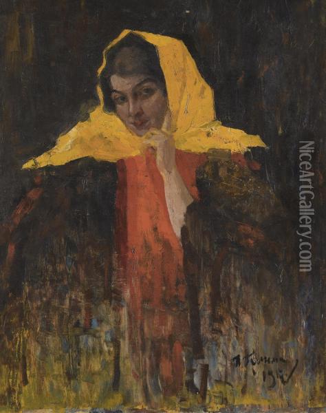 Portrait Of A Lady In A Yellow Shawl Oil Painting - Ilya Abramovich Grinman