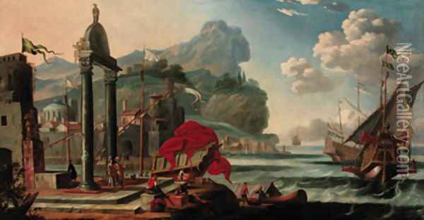 A Levantine harbour with moored boats and elegant figures on a quay Oil Painting - Johannes Lingelbach