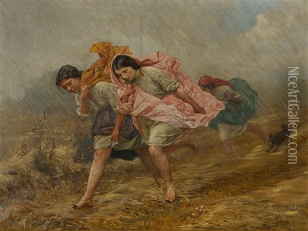 Escape From The Rain Oil Painting - Antoni Piotrowski