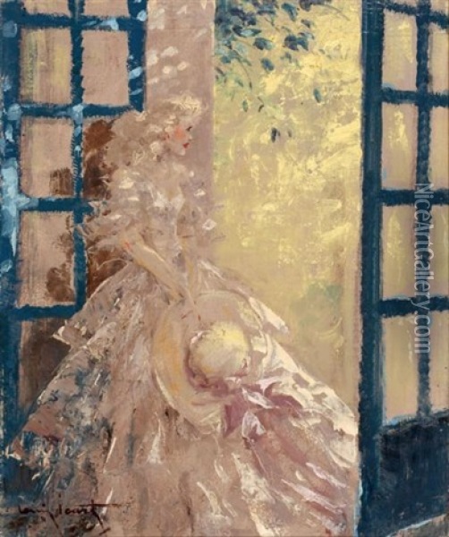 Woman In Front Of French Doors Oil Painting - Louis Icart