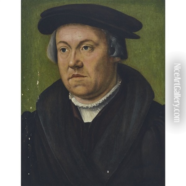 Portrait Of A Townsman, Head-and-shoulders (to The Left) Wearing A Black Cloth Cap, Black Cloak And Ruffled Collar, Before A Green Background Oil Painting - Christoph Amberger