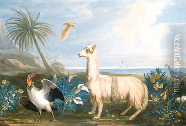 A Lama, a Dodo and other exotic Birds in a Tropical Landscape Oil Painting - French School