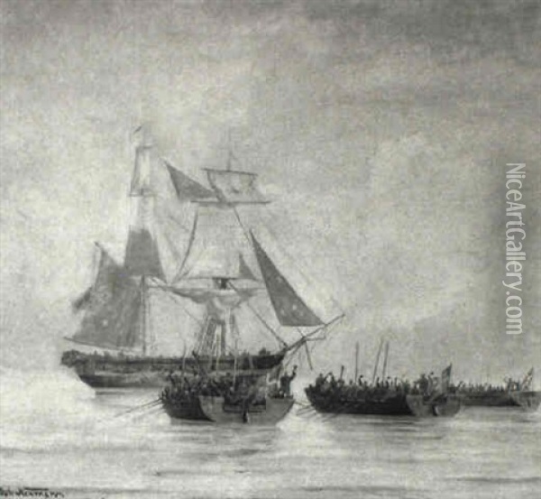 Kanonb+denes Erobring Af Engelsk Brig 'the Tickler', 3/6 1808 Oil Painting - Johan Jens Neumann