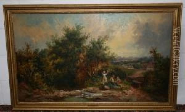 Mother And Children Collecting Blackberries Oil Painting - William R. Stone