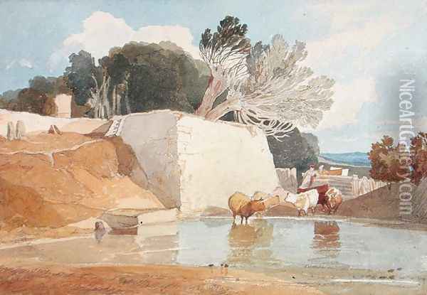 Cattle Watering Oil Painting - John Sell Cotman