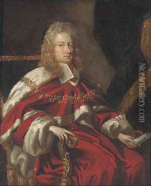 Portrait of George Jeffreys, 1st Baron Jeffreys of Wem (1648-1689), small seated three-quarter length, in robes Oil Painting - Johann Closterman