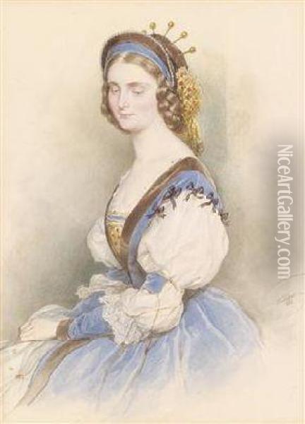 Bildnis Einer Jungen Dame In Blauem Kleid Oil Painting - Josef Kriehuber