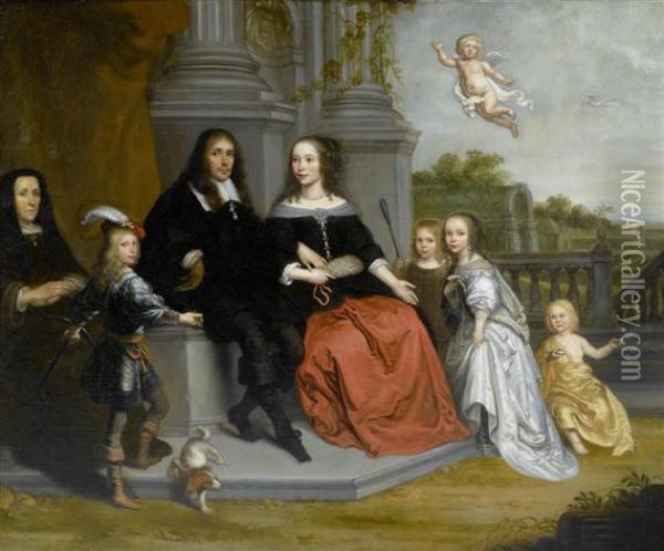 Family Portrait With Putto Before A Garden Landscape. Oil Painting - Jan Victors