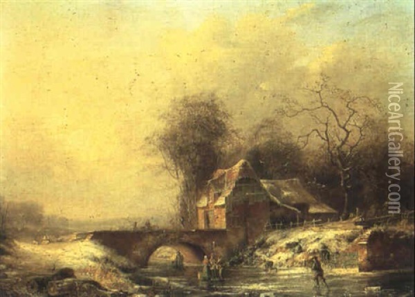 Figures In A Frozen River Landscape Oil Painting - Adrian Meulemans