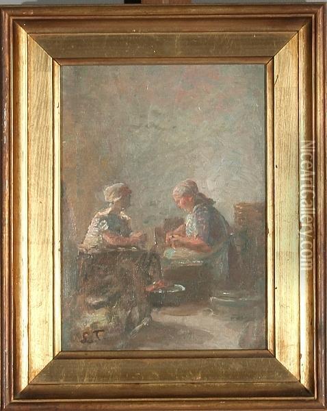 Two Women Are Working In A Kitchen Oil Painting - Laurits Regner Tuxen
