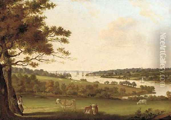 Shipping in an estuary Oil Painting - English Provincial School