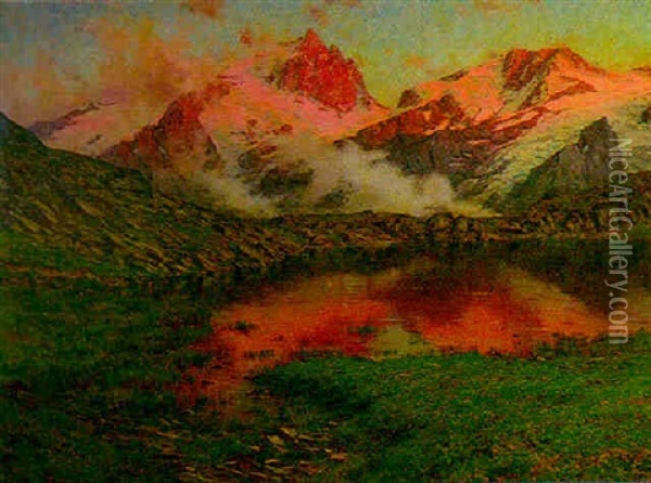 Soleil Couchant Sur La Meije Vue Du Plateau D'emparis Oil Painting - Charles Alexandre Bertier