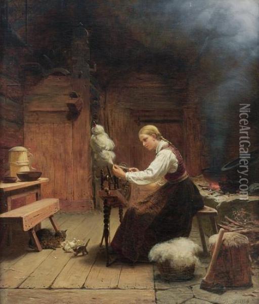 Interior, Woman By A Spinning Wheel 1868 Oil Painting - Knud Bergslien