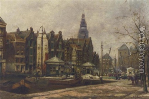 Damrak Entree Amsterdam: A View Of The Damrak, Amsterdam Oil Painting - Jan Geerard Smits