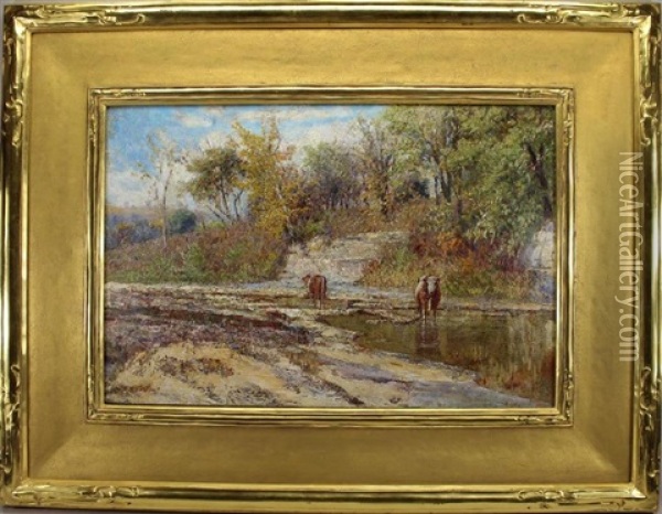 Painting Of Cows Watering Near A River In A Springtime Landscape Oil Painting - Willard Leroy Metcalf