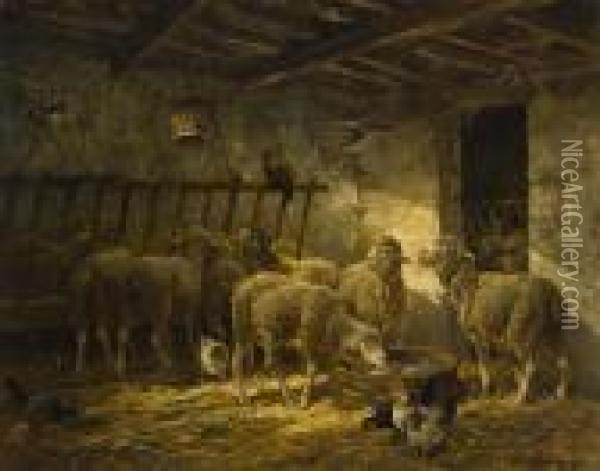 Sheep In A Barn. Oil Painting - Charles Emile Jacque