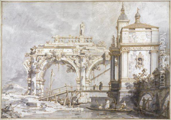 An Architectural Capriccio With A Pavilion And A Ruined Arcade Onthe Water's Edge Oil Painting - (Giovanni Antonio Canal) Canaletto