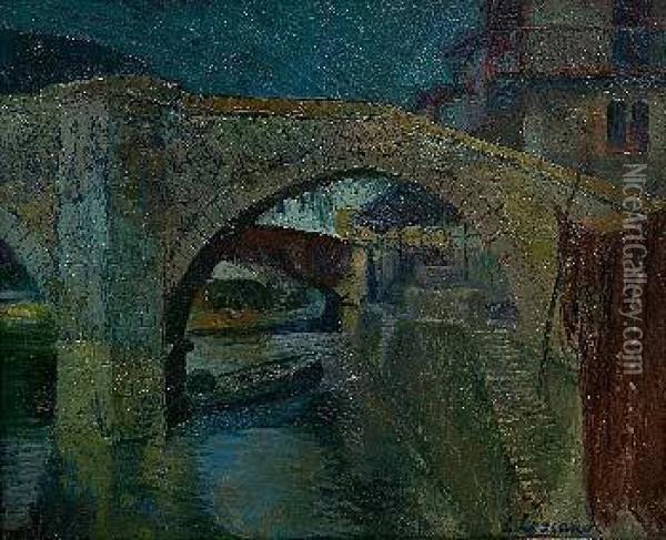 El Puente Viejo De Ondarroa En Crepusculo Oil Painting - Carlos Lezcano