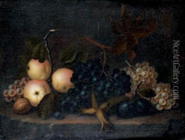 Nature Morte Aux Raisins, Pommes, Prunes Et Noisettes Sur Unentablement Oil Painting - William Sartorius