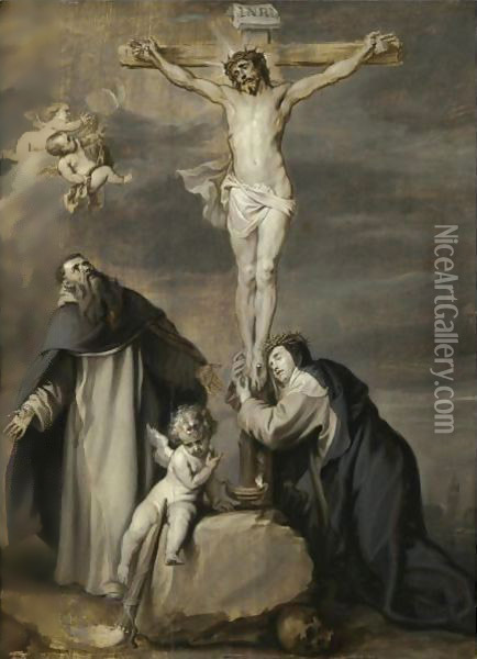 The Crucified Christ Adored By Saints Dominic And Catherine Of Siena Oil Painting - Sir Anthony Van Dyck