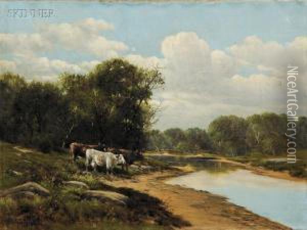 Cows On A River Bank Oil Painting - Charles Grant Davidson